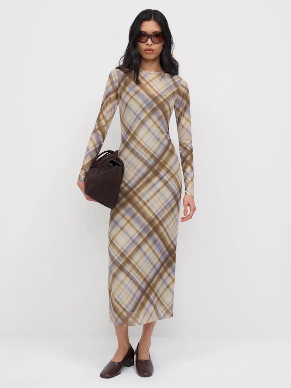 NWT Reformation Rene Mesh Long-Sleeve Plaid Dress, Medium